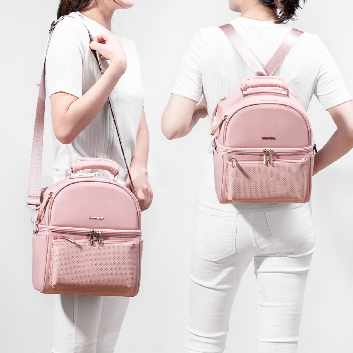 صنفينو حقيبة غداء معزولة باللون الوردي مع صندوق حراري للجنسين من عمر 13 سنة فما فوق