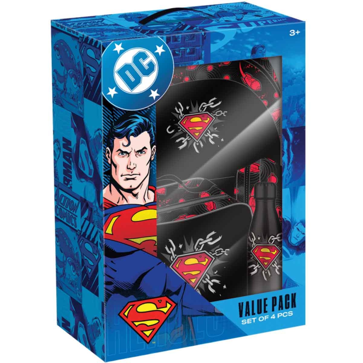 دي سي سوبرمان مجموعة حقيبة ظهر سوبرهيرو 4 في 1 مع زجاجة وحقيبة غداء ومقلمة