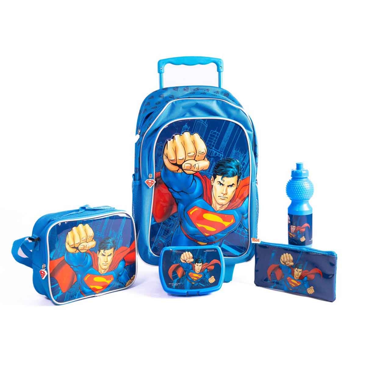 Superman 18" Blue Trolley Bag Set with Lunch Bag, Pencil Case, Water Bottle & Lunch Box