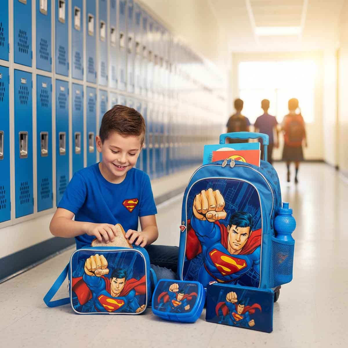 Superman 18" Blue Trolley Bag Set with Lunch Bag, Pencil Case, Water Bottle & Lunch Box