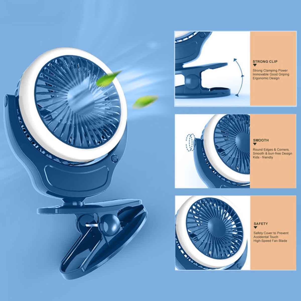 Teknum 2-in-1 Blue Stroller USB Charging Fan with Light