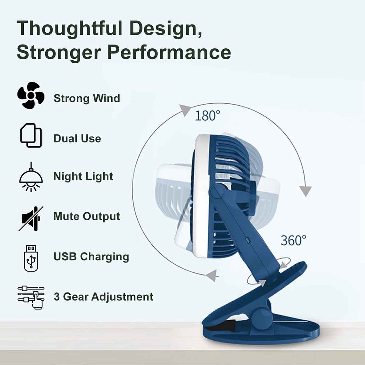 Teknum 2-in-1 Blue Stroller USB Charging Fan with Light