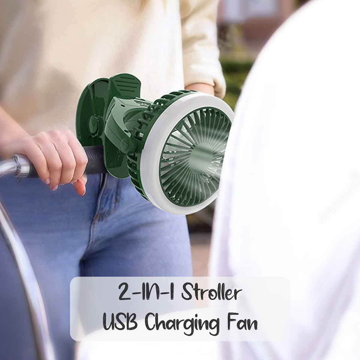 تيكنوم مروحة عربة أطفال 2 في 1 باللون الأخضر مع ضوء وشحن USB