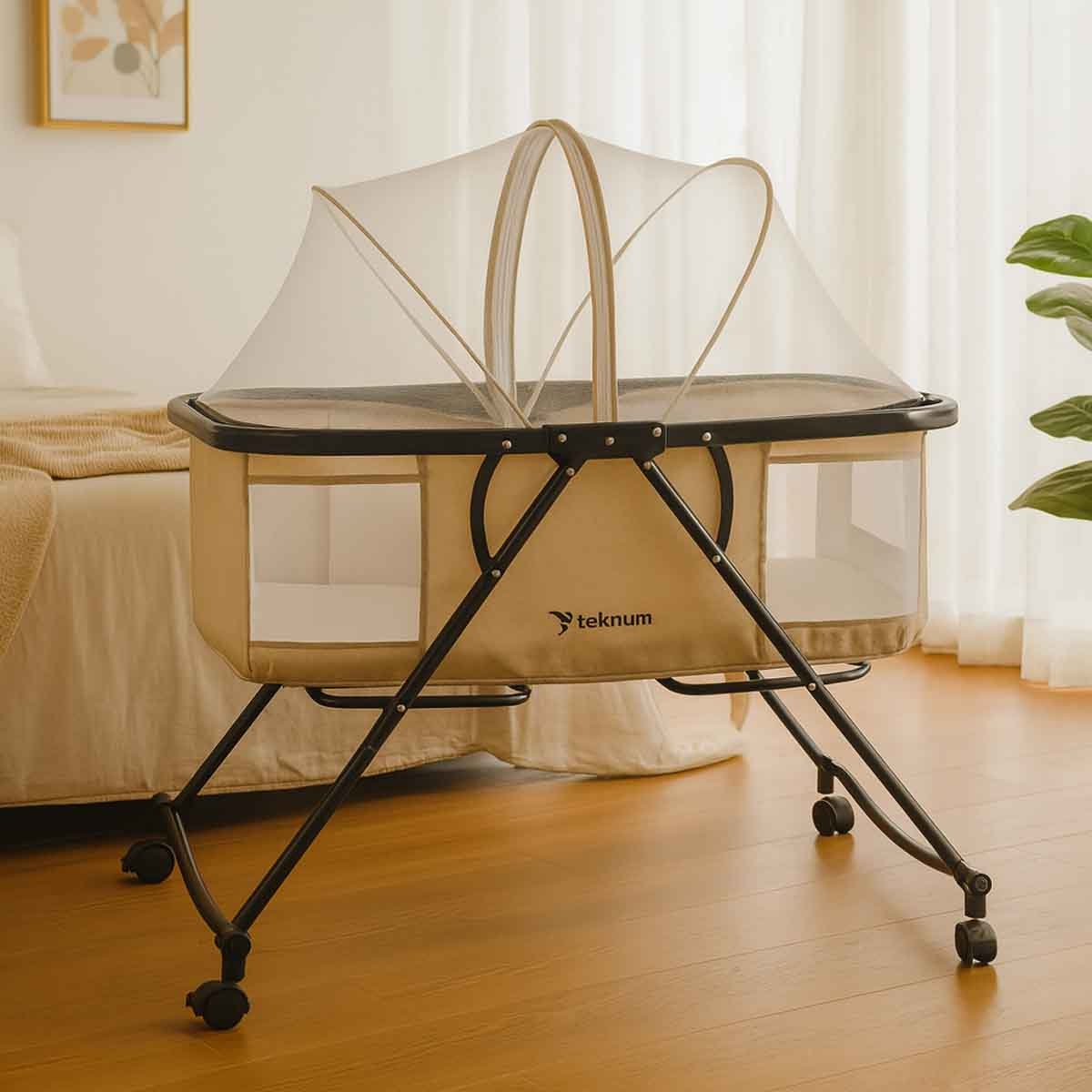 Teknum 3-in-1 Ivory Baby Cot & Cradle with Mosquito Net & Wheels