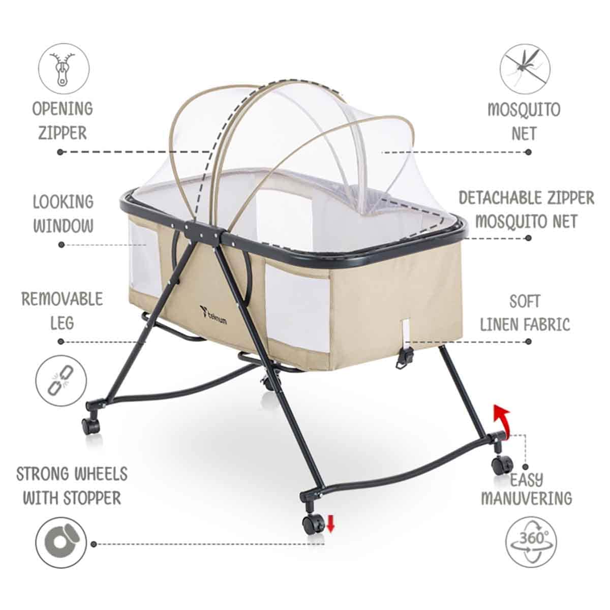 Teknum 3-in-1 Ivory Baby Cot & Cradle with Mosquito Net & Wheels