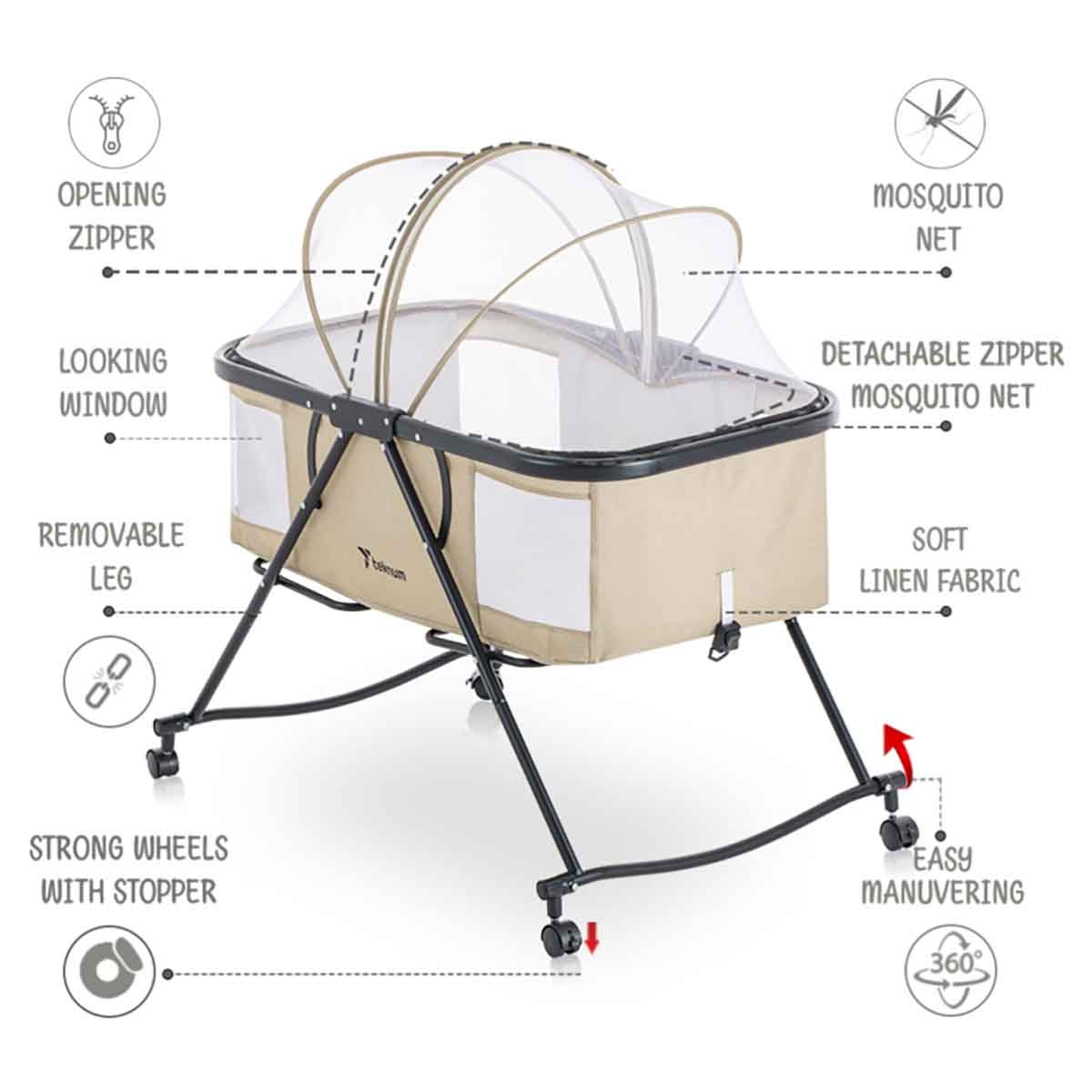 Teknum 3-in-1 Ivory Baby Cot & Cradle with Mosquito Net & Wheels