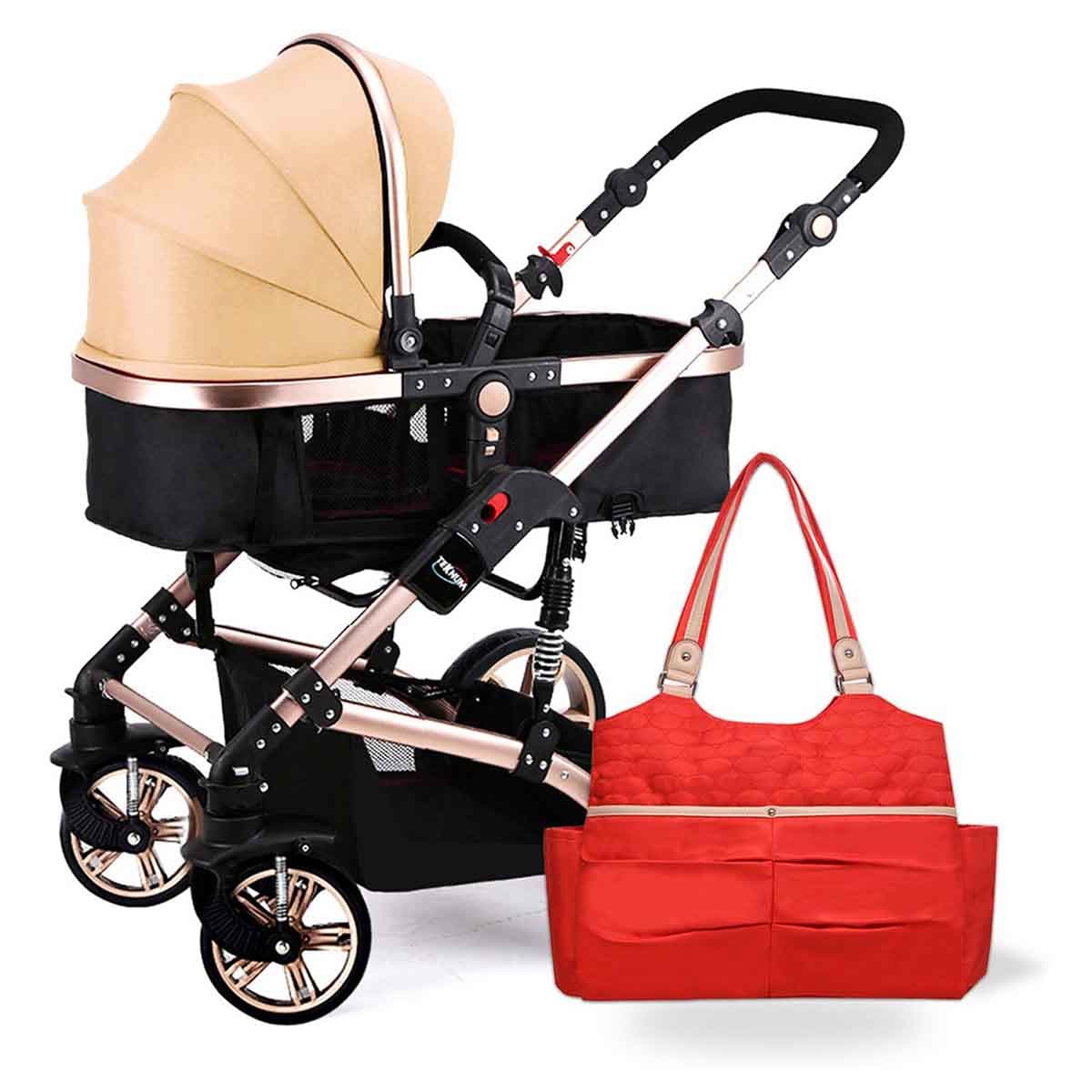 Teknum 3 in 1 Pram Stroller with Sunveno Fashion Diaper Tote Bag Toddler, 0-2 Years, Pack of 2