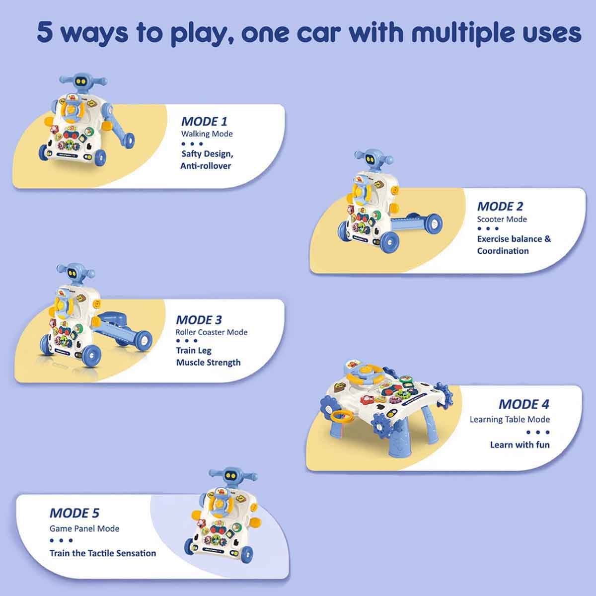 تيكنوم مشاية أطفال 5 في 1 باللون الأزرق مع لوحة مفاتيح موسيقية للأطفال 0-2 سنوات