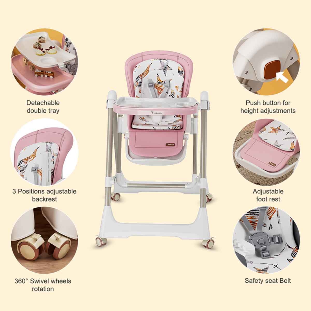 Teknum 5-in-1 Pink Swing with High Chair with Lockable Wheels