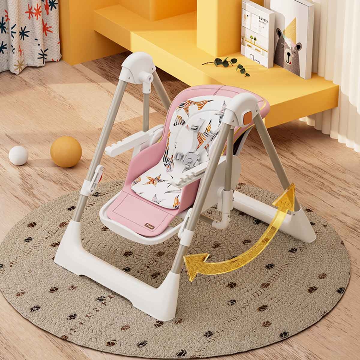 Teknum 5-in-1 Pink Swing with High Chair with Lockable Wheels