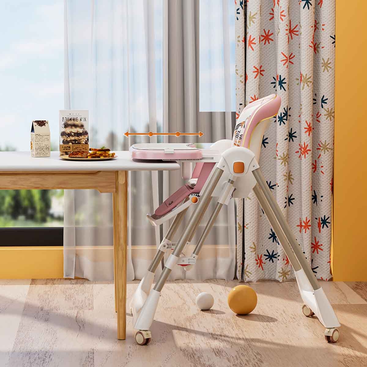 Teknum 5-in-1 Pink Swing with High Chair with Lockable Wheels
