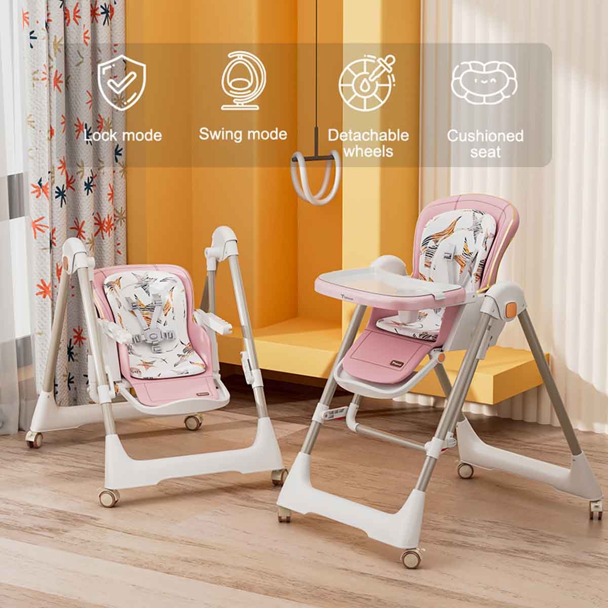 Teknum 5-in-1 Pink Swing with High Chair with Lockable Wheels