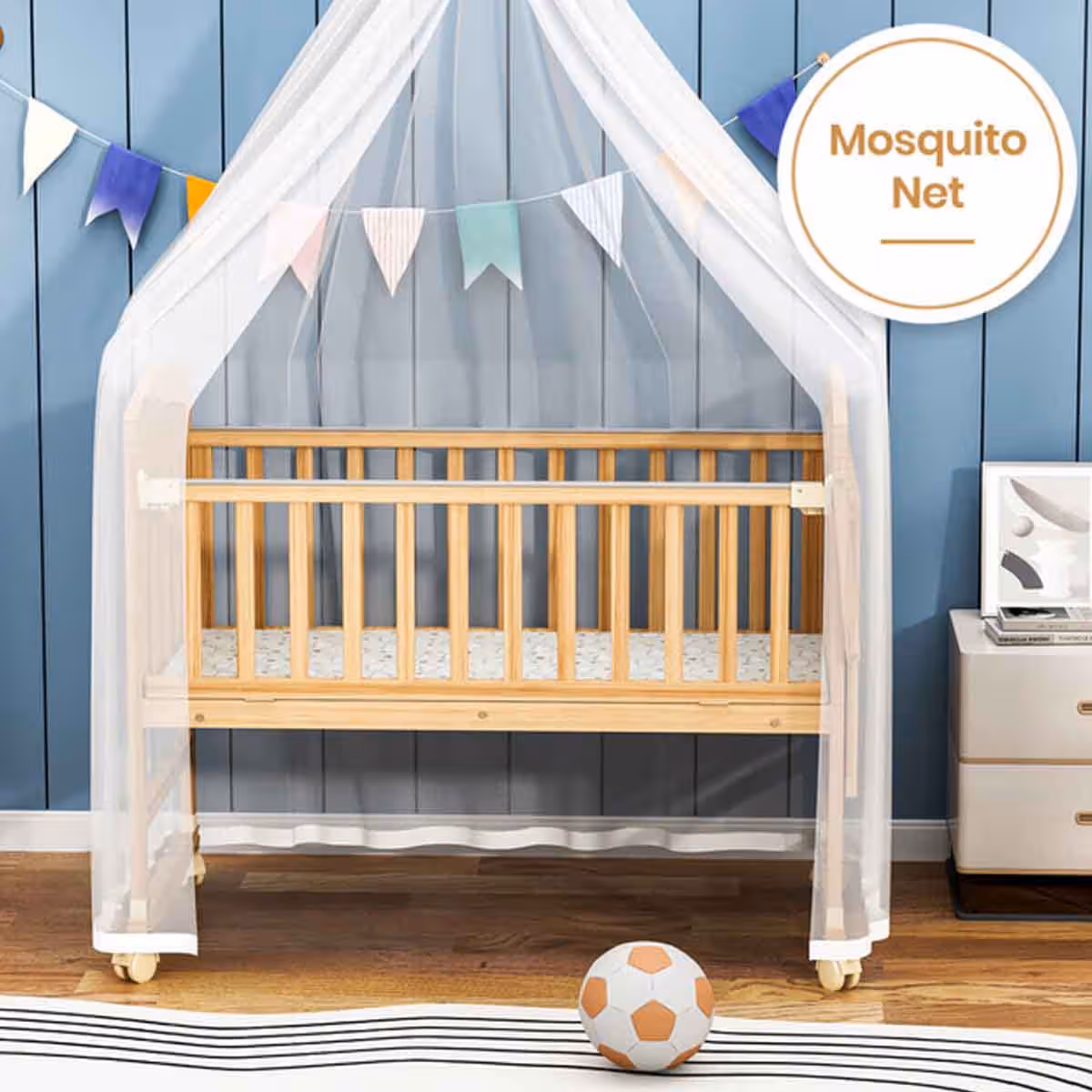 Teknum 7-in-1 Convertible Kids Bed & Bedside Crib with Mattress, Mosquito Net & Detachable Wheels Toddler, 0-2 Years