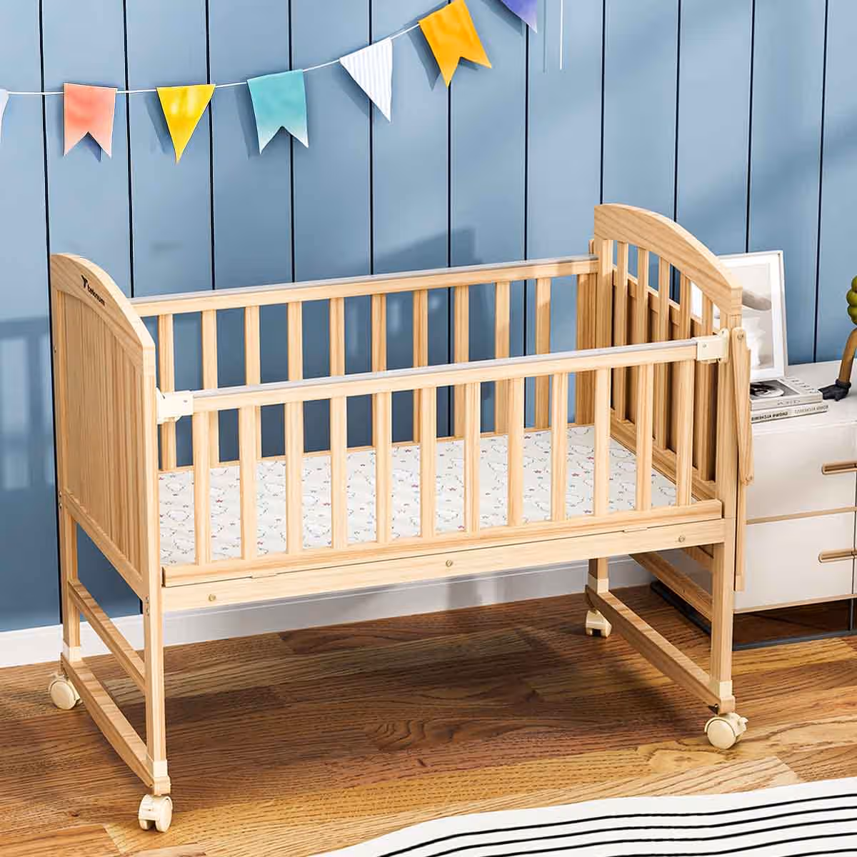 Teknum 7-in-1 Convertible Kids Bed & Bedside Crib with Mattress, Mosquito Net & Detachable Wheels Toddler, 0-2 Years