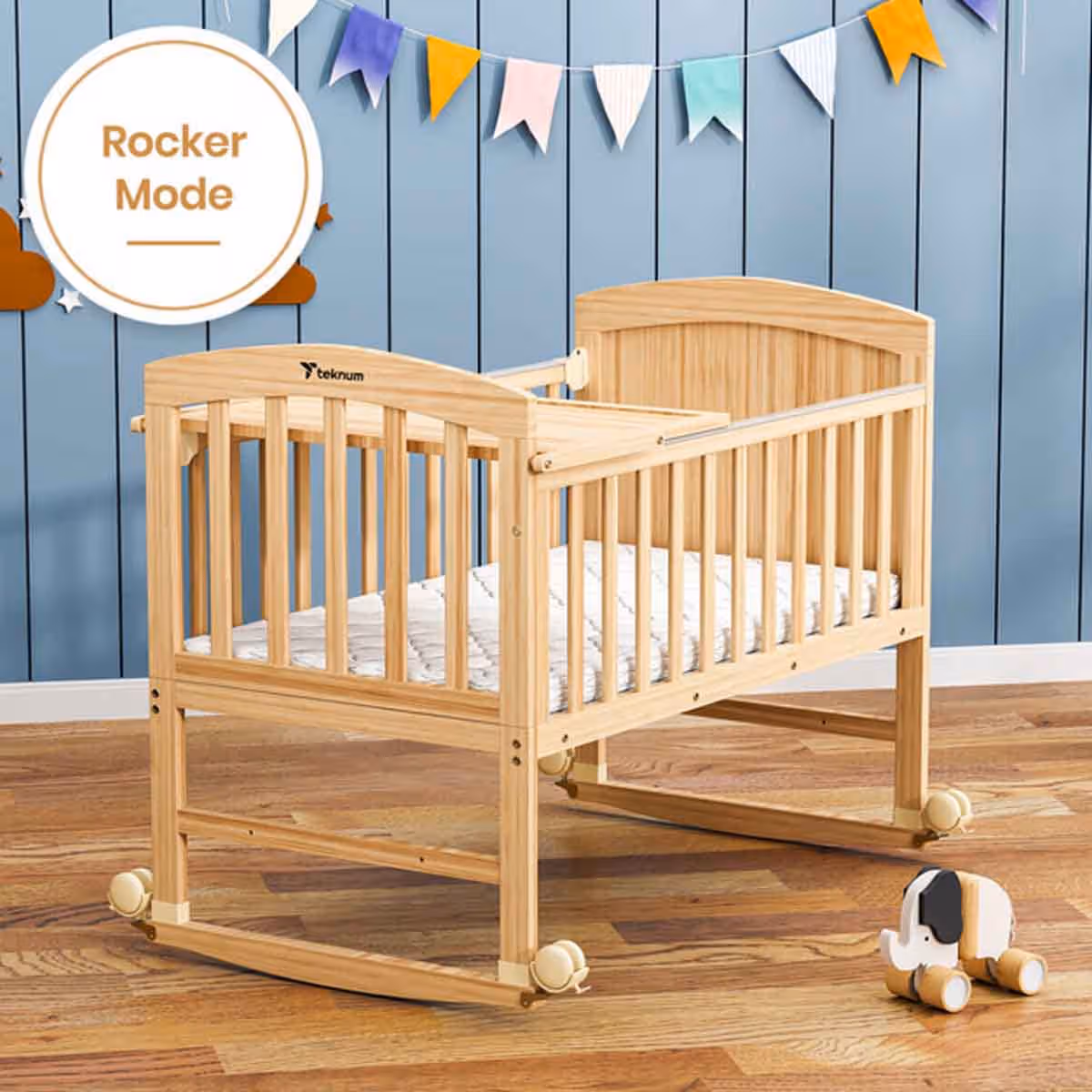 Teknum 7-in-1 Convertible Kids Bed & Bedside Crib with Mattress, Mosquito Net & Detachable Wheels Toddler, 0-2 Years