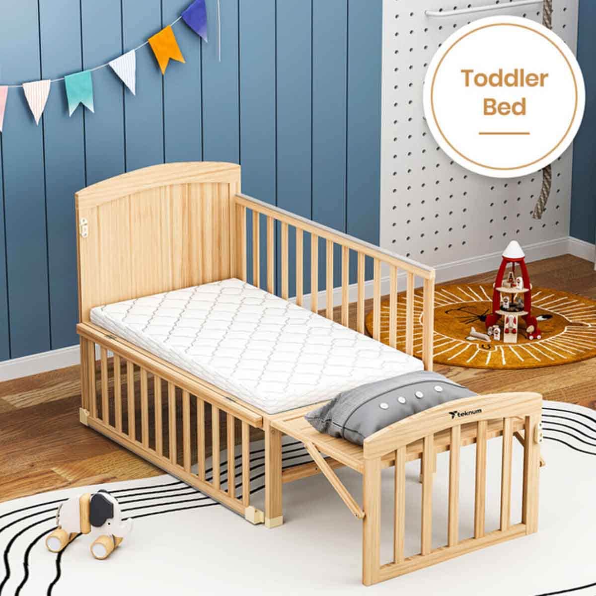 Teknum 7-in-1 Convertible Kids Bed & Bedside Crib with Mattress, Mosquito Net & Detachable Wheels Toddler, 0-2 Years