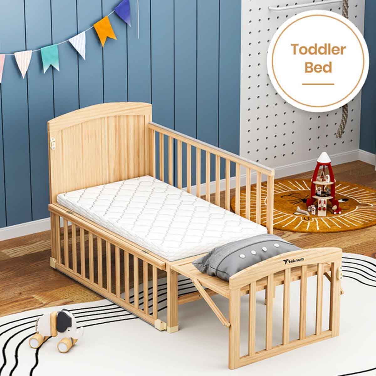 تيكنوم سرير أطفال وسرير جانبي 7 في 1 مع مرتبة وناموسية وعجلات قابلة للفك للأطفال 0-2 سنوات