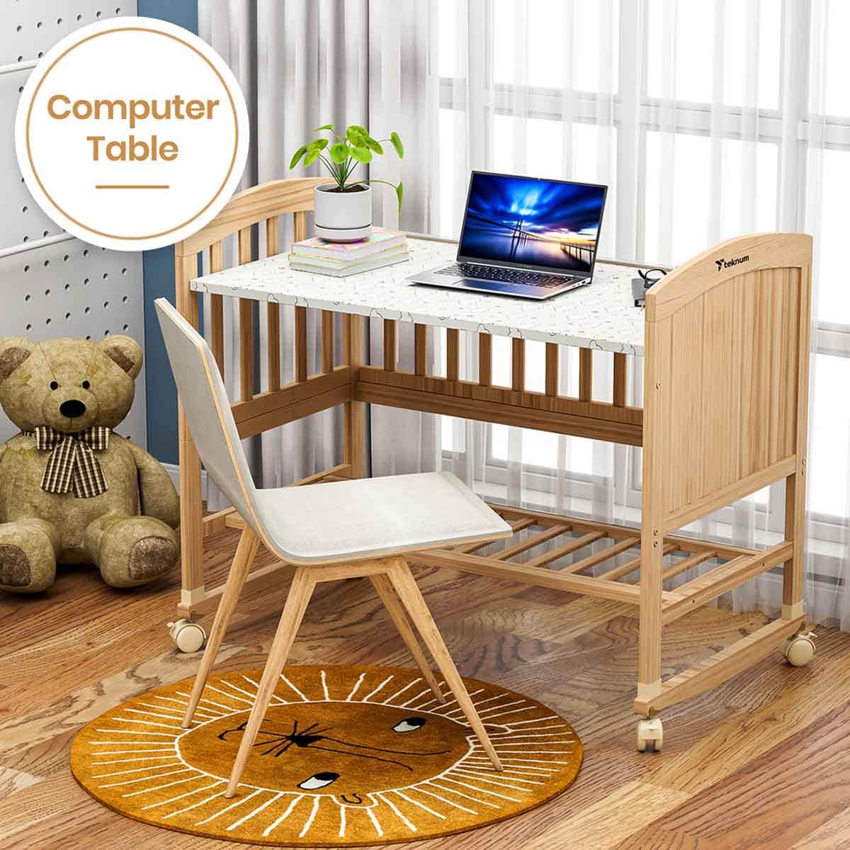 Teknum 7-in-1 Convertible Kids Bed & Bedside Crib with Mattress, Mosquito Net & Detachable Wheels Toddler, 0-2 Years