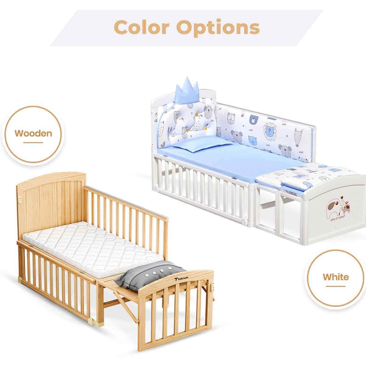 Teknum 7-in-1 Convertible Kids Bed & Bedside Crib with Mattress, Mosquito Net & Detachable Wheels Toddler, 0-2 Years