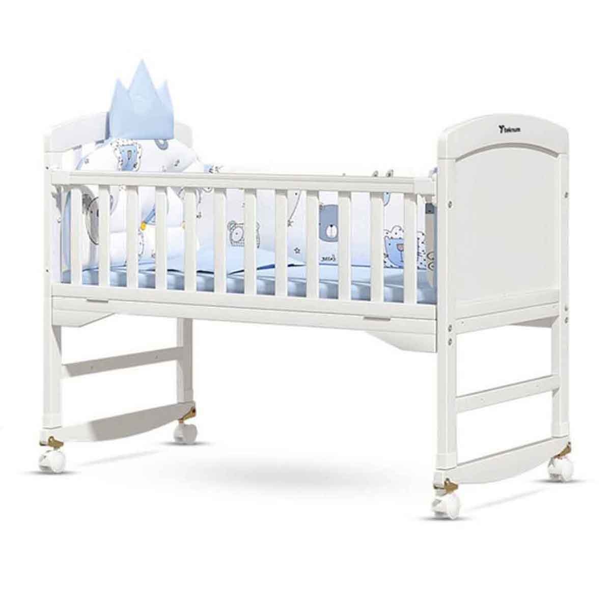 تيكنوم سرير أطفال وسرير جانبي أبيض 7 في 1 مع مرتبة وناموسية وعجلات قابلة للفك للأطفال 0-2 سنوات