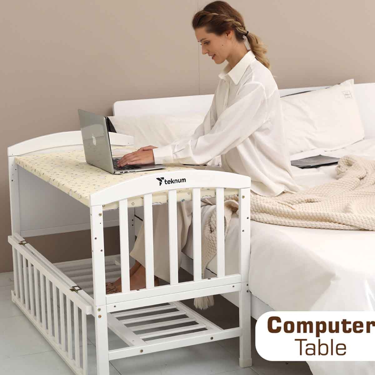 تيكنوم سرير أطفال وسرير جانبي أبيض 7 في 1 مع مرتبة وناموسية وعجلات قابلة للفك للأطفال 0-2 سنوات