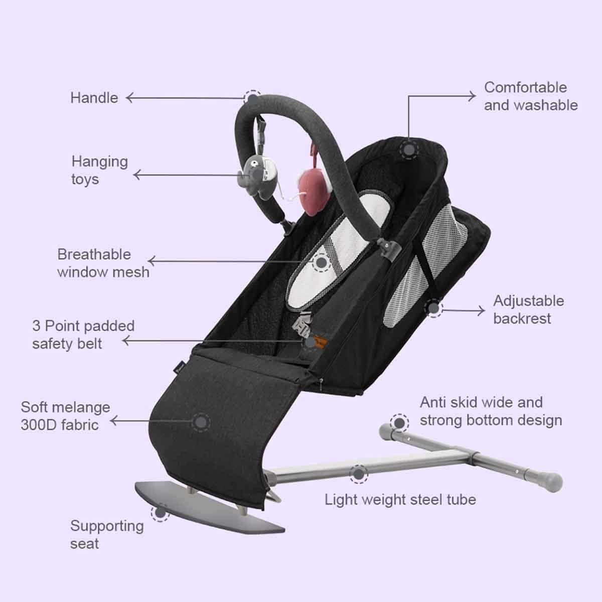 تيكنوم كرسي هزاز للأطفال باللون الأسود مع ألعاب