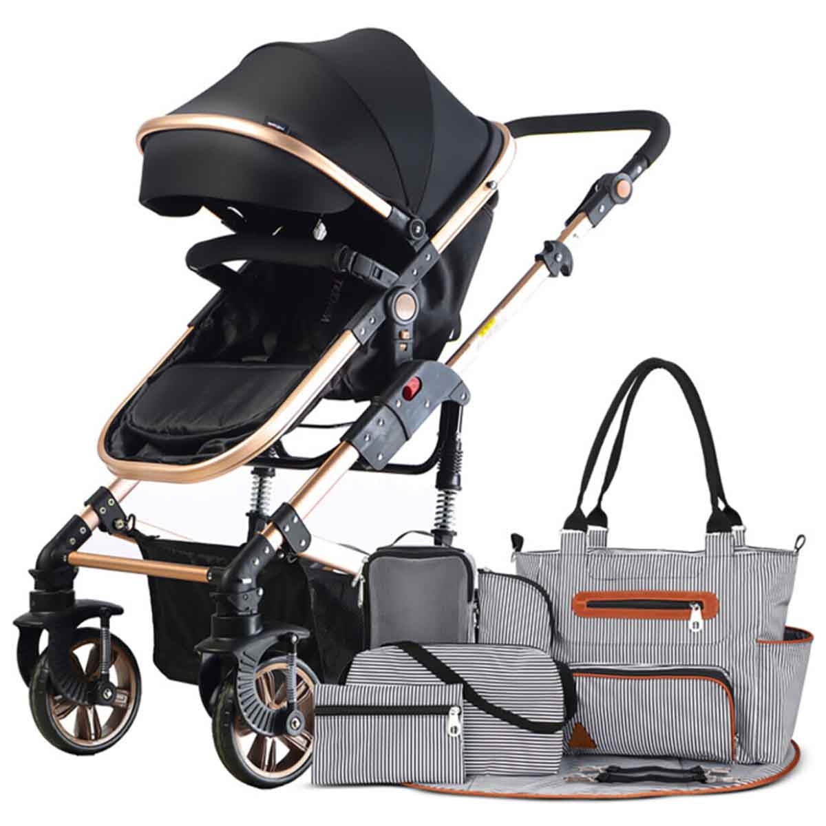 تيكنوم عربة أطفال 3 في 1 سوداء مع مجموعة حقيبة حفاضات للأطفال، 0-2 سنة