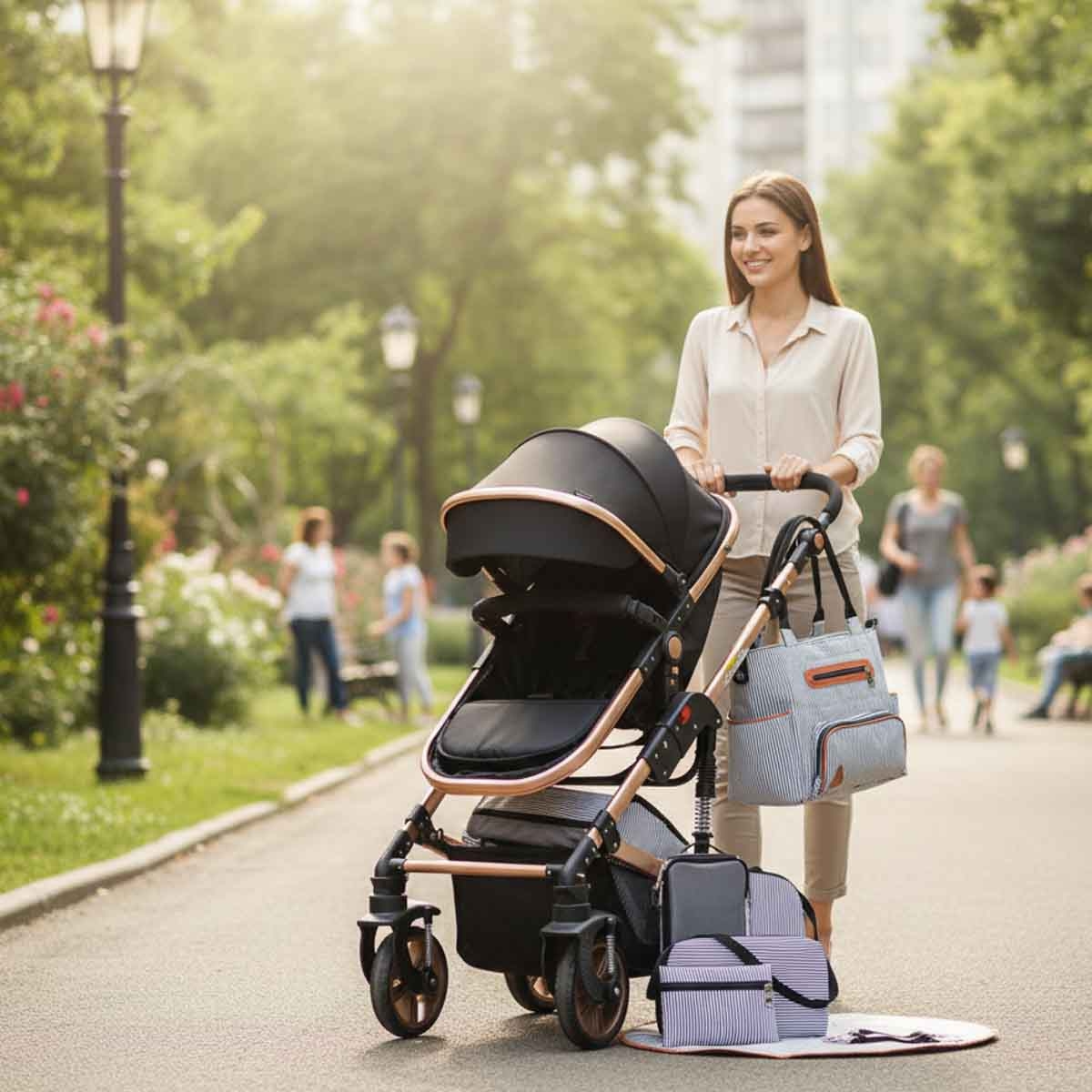 تيكنوم عربة أطفال 3 في 1 سوداء مع مجموعة حقيبة حفاضات للأطفال، 0-2 سنة