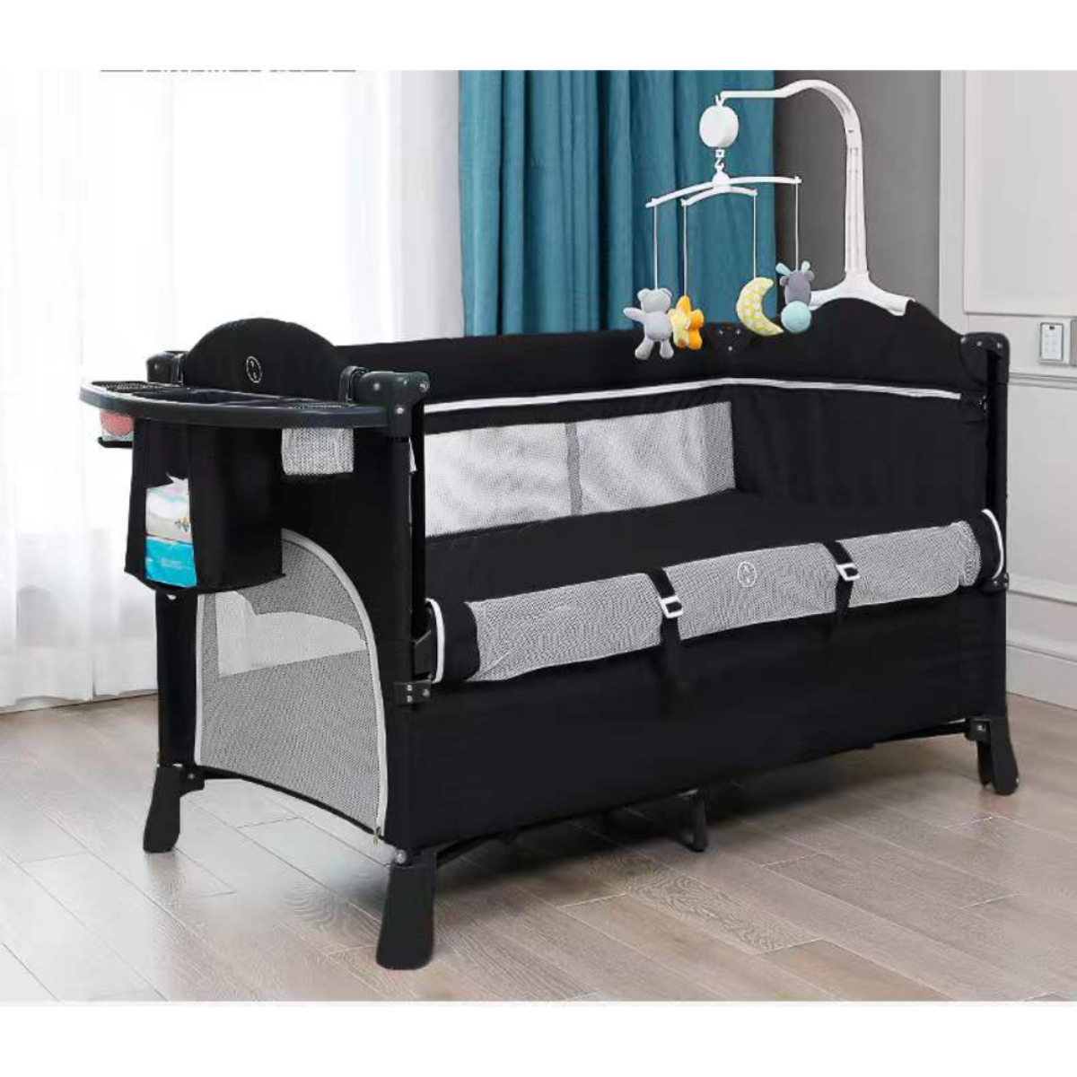 Teknum Black 4-In-1 Bedside Co-Sleeper Bassinet and Playpen with Rocker Toddler, 0-2 Years