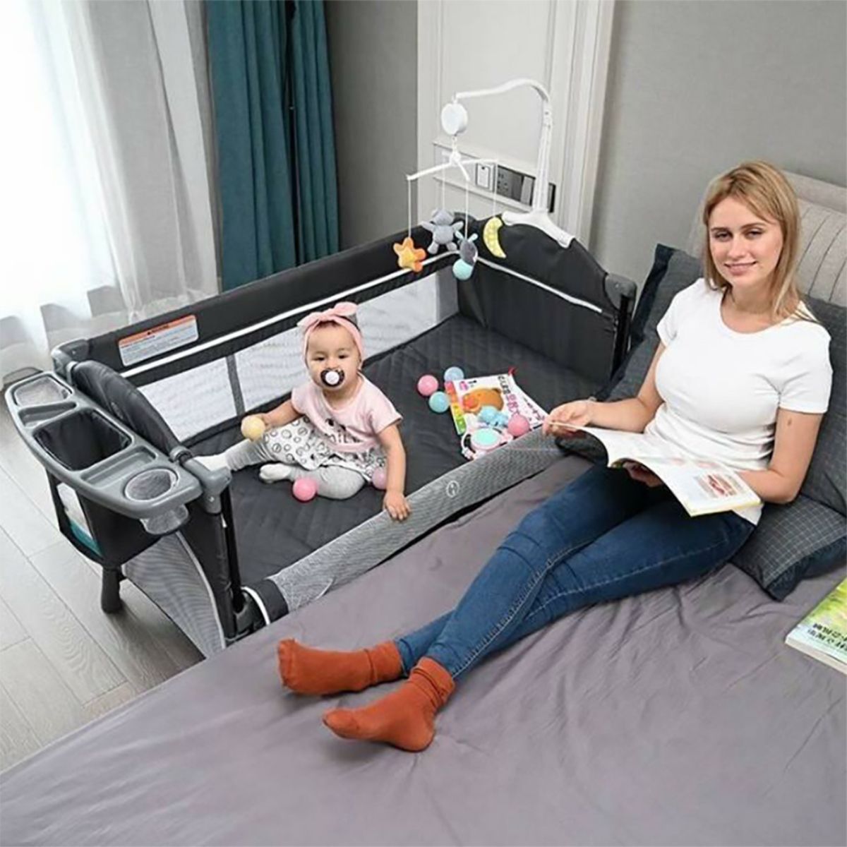 Teknum Black 4-In-1 Bedside Co-Sleeper Bassinet and Playpen with Rocker Toddler, 0-2 Years