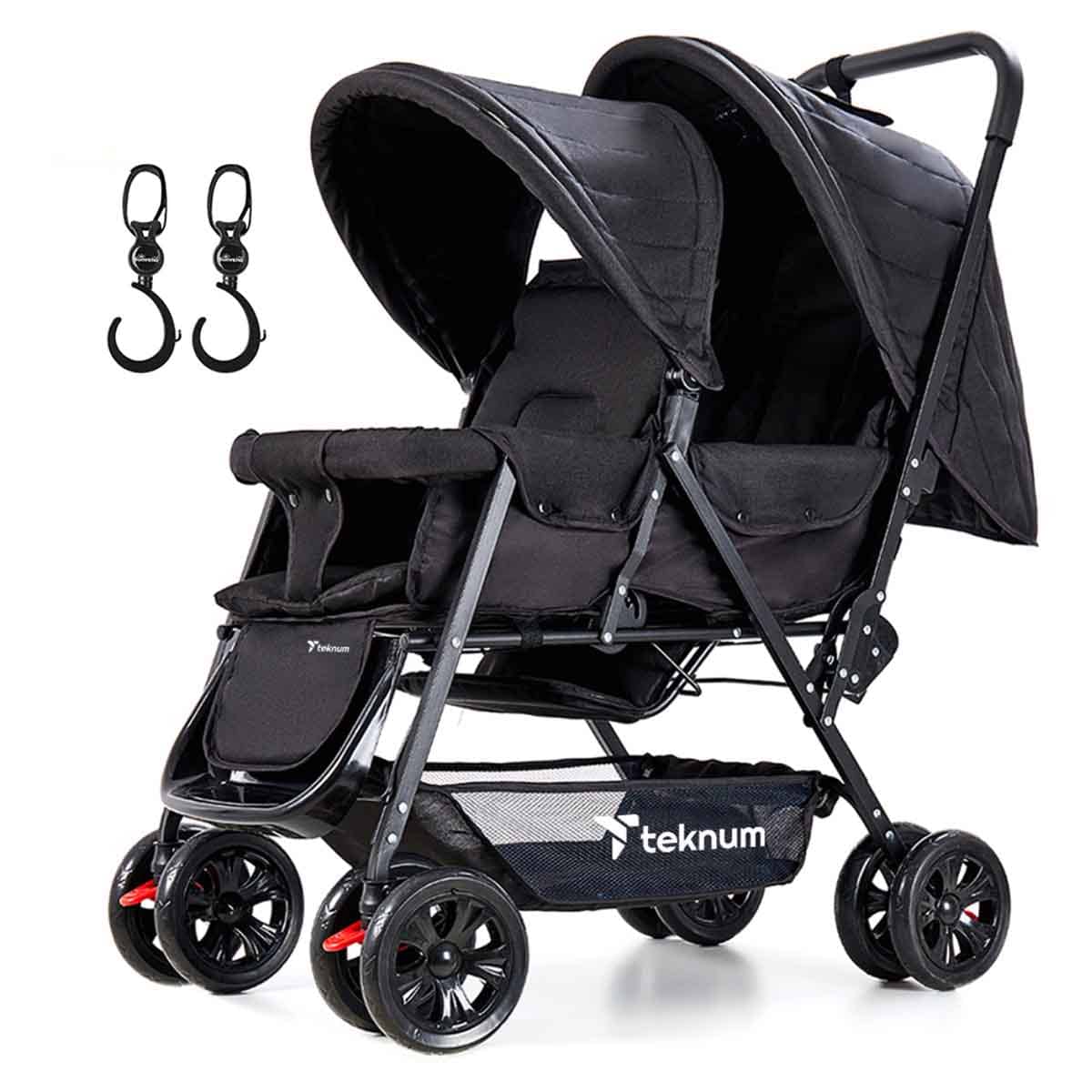 Teknum Black Double Baby Stroller with Hooks Toddler, 0-2 Years