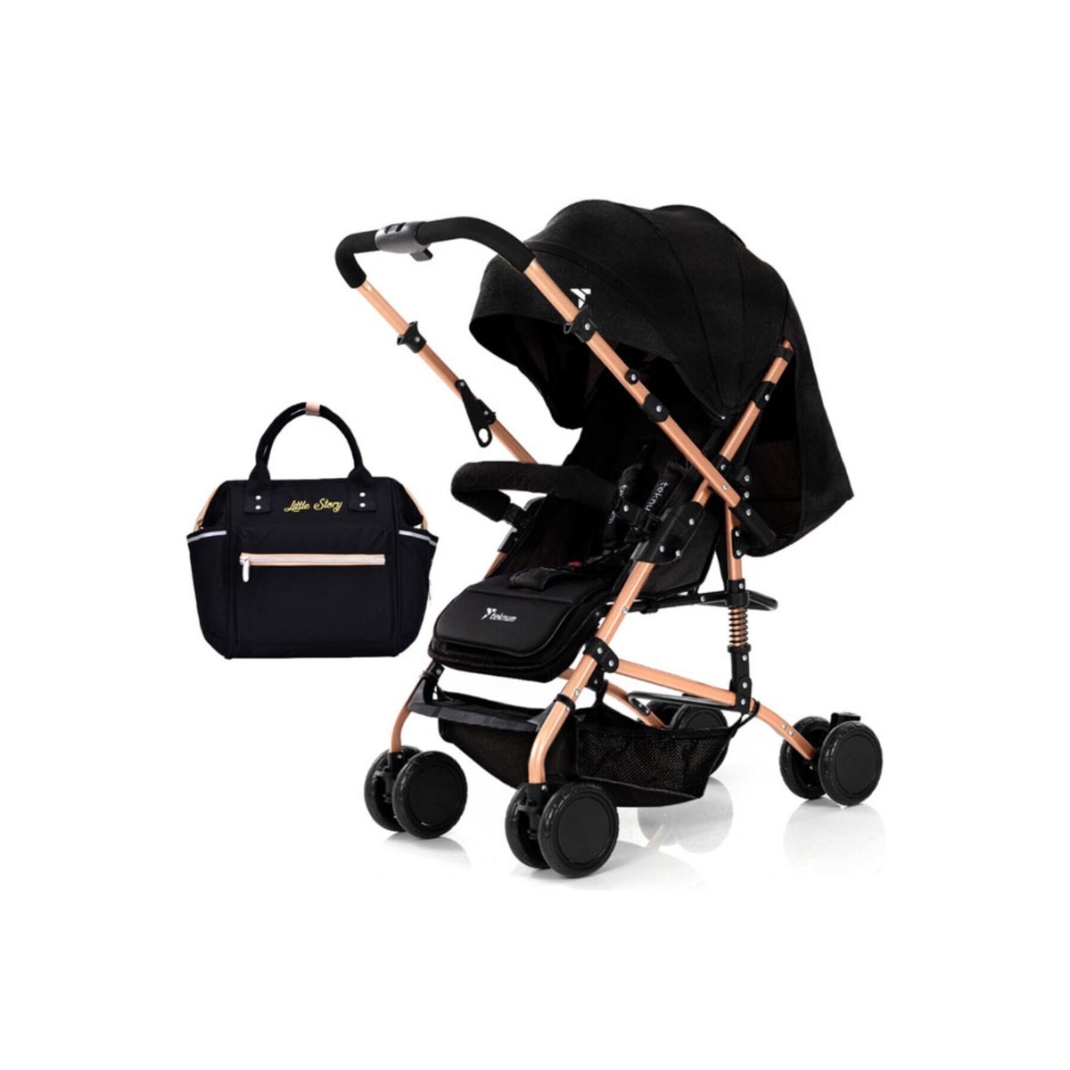 عربة أطفال تيكنوم سوداء قابلة للعكس مع حقيبة حفاضات إيس للأطفال الصغار، من عمر 0 إلى سنتين