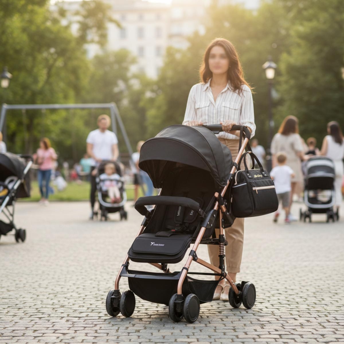 عربة أطفال تيكنوم سوداء قابلة للعكس مع حقيبة حفاضات إيس للأطفال الصغار، من عمر 0 إلى سنتين