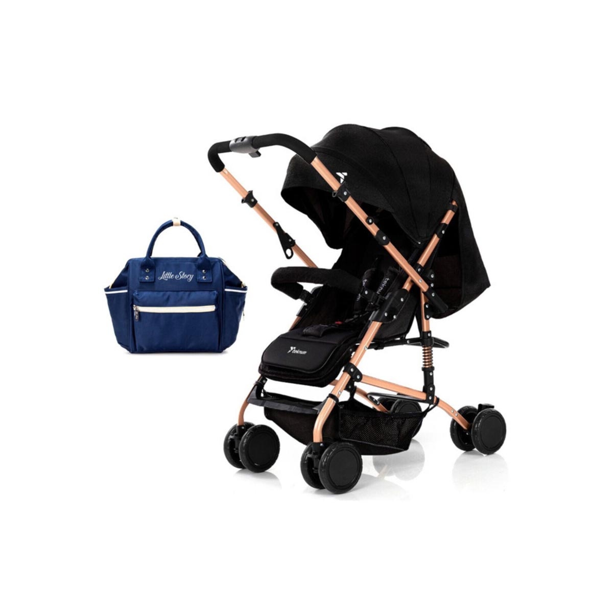 عربة أطفال تيكنوم سوداء قابلة للعكس مع حقيبة حفاضات زرقاء من إيس، للأطفال الصغار من عمر 0-2 سنوات