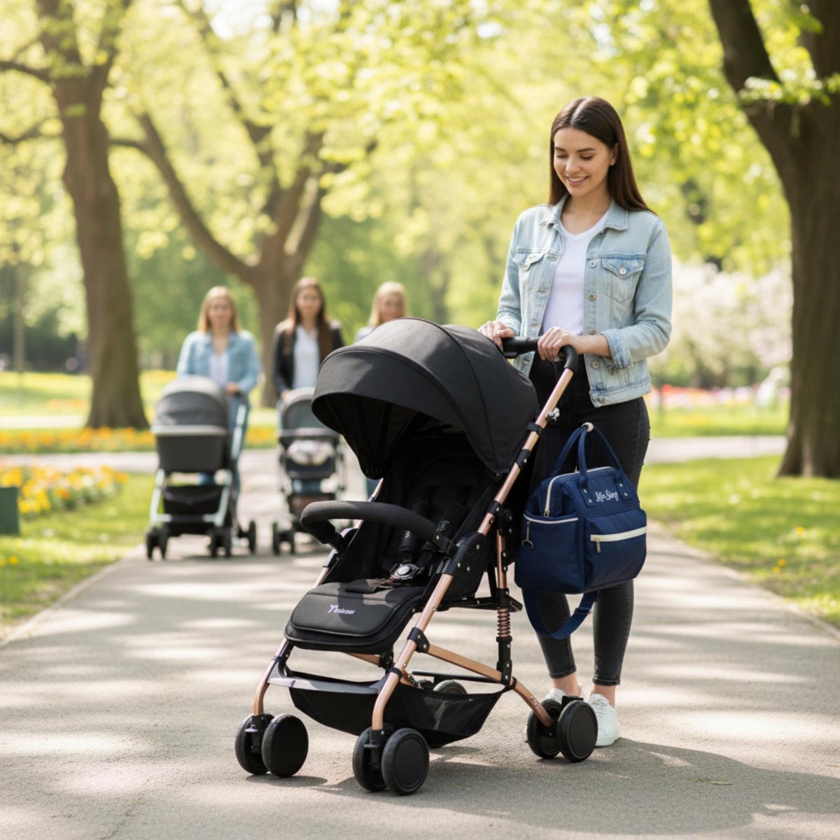 عربة أطفال تيكنوم سوداء قابلة للعكس مع حقيبة حفاضات زرقاء من إيس، للأطفال الصغار من عمر 0-2 سنوات