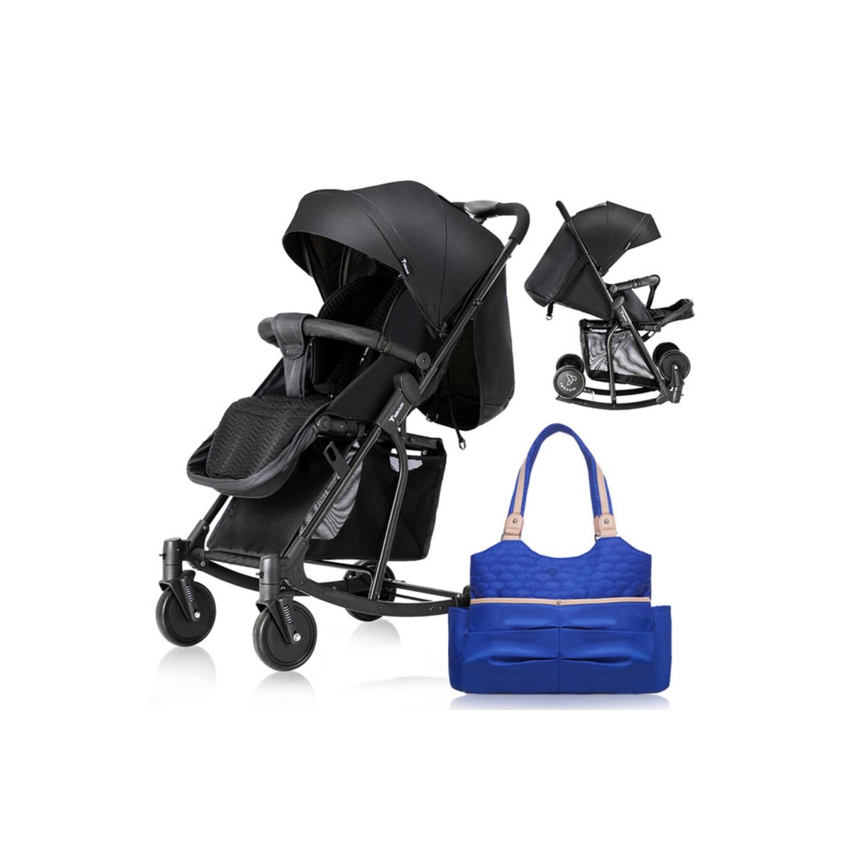 عربة أطفال تيكنوم سوداء مع كرسي هزاز وحقيبة حمل حفاضات زرقاء أنيقة للأطفال الصغار، من عمر 0 إلى سنتين