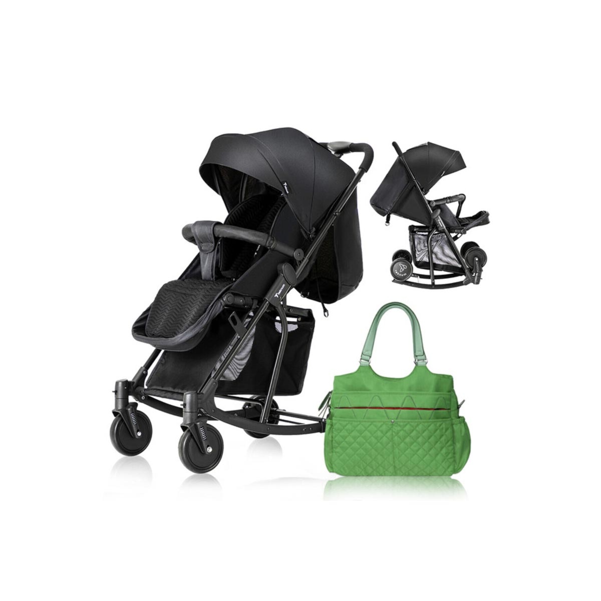عربة أطفال تيكنوم سوداء مع كرسي هزاز وحقيبة حمل حفاضات خضراء أنيقة للأطفال الصغار، من عمر 0 إلى سنتين