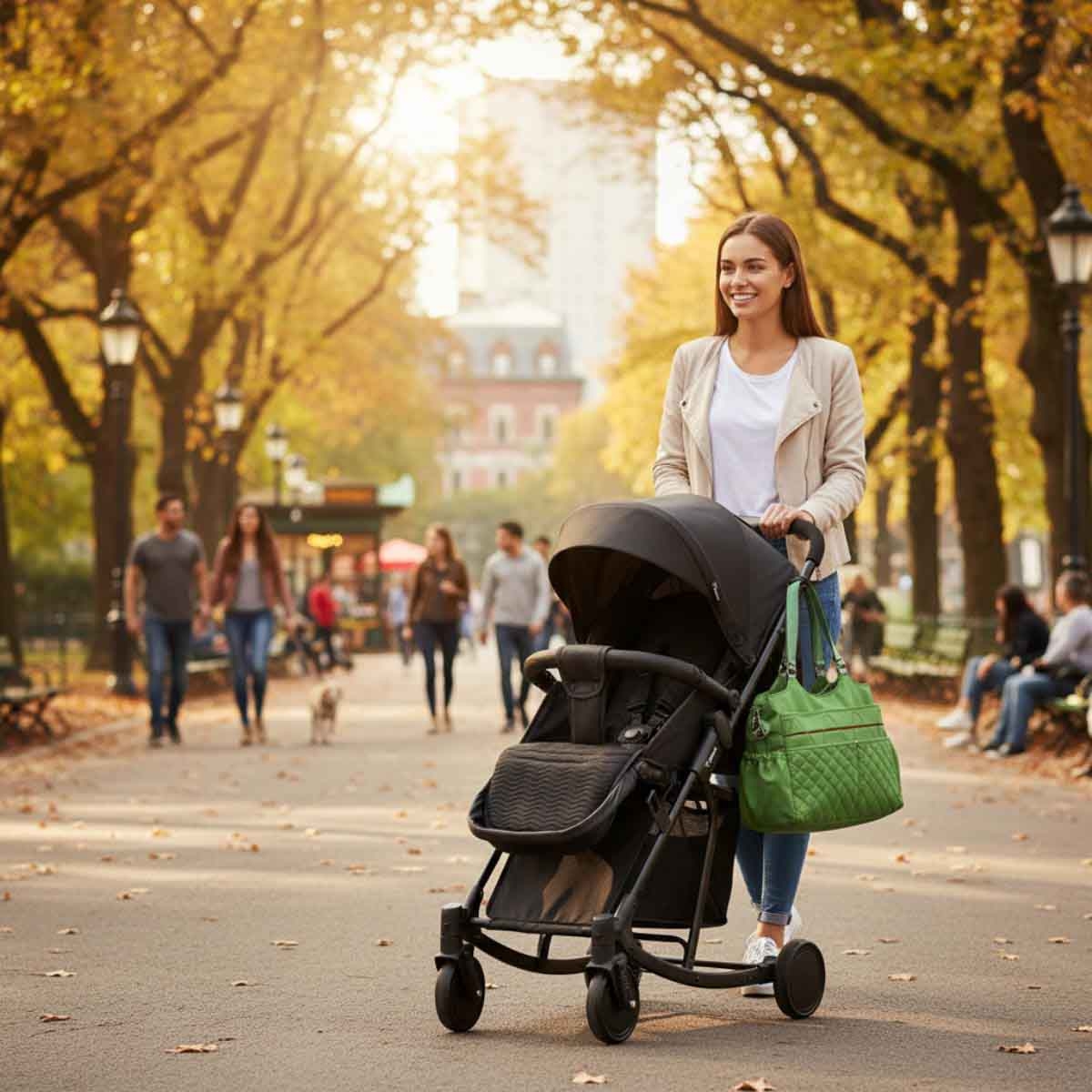 عربة أطفال تيكنوم سوداء مع كرسي هزاز وحقيبة حمل حفاضات خضراء أنيقة للأطفال الصغار، من عمر 0 إلى سنتين