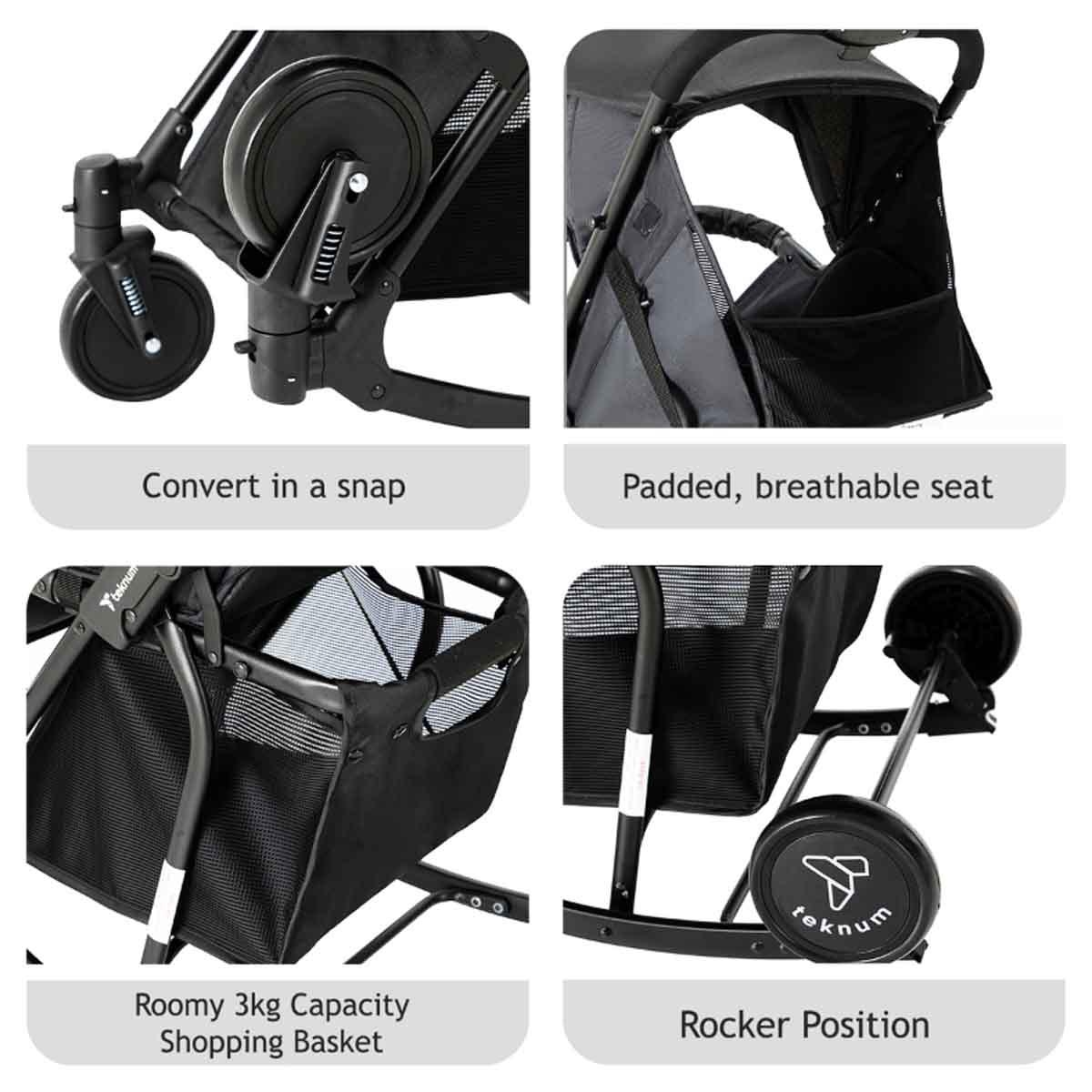 عربة أطفال تيكنوم سوداء مع كرسي هزاز وحقيبة حمل حفاضات خضراء أنيقة للأطفال الصغار، من عمر 0 إلى سنتين