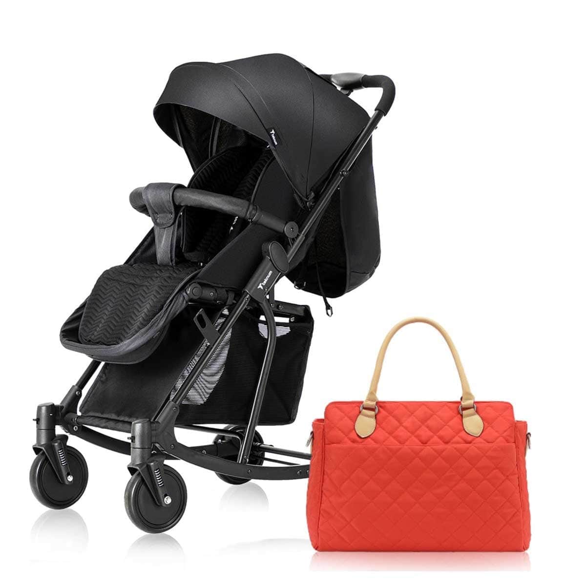Teknum Black Stroller with Rocker & Orange Diaper Tote Bag Set
