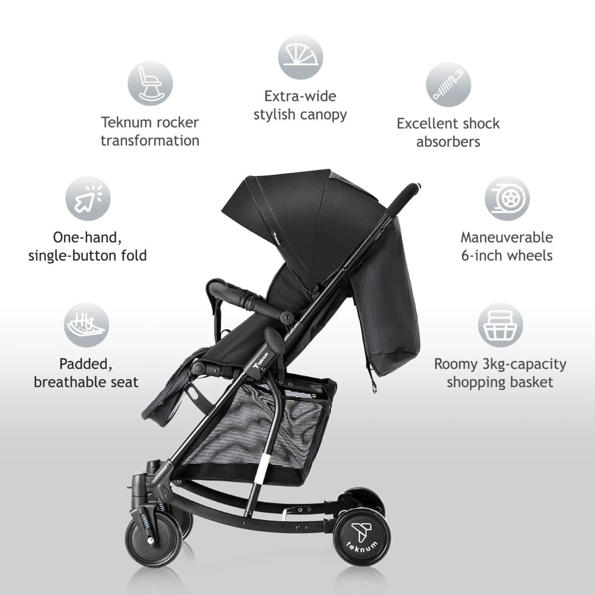 Teknum Black Stroller with Rocker & Orange Diaper Tote Bag Set
