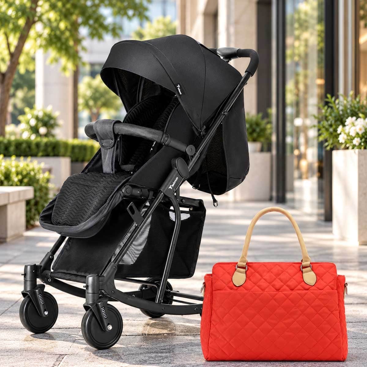 Teknum Black Stroller with Rocker & Orange Diaper Tote Bag Set