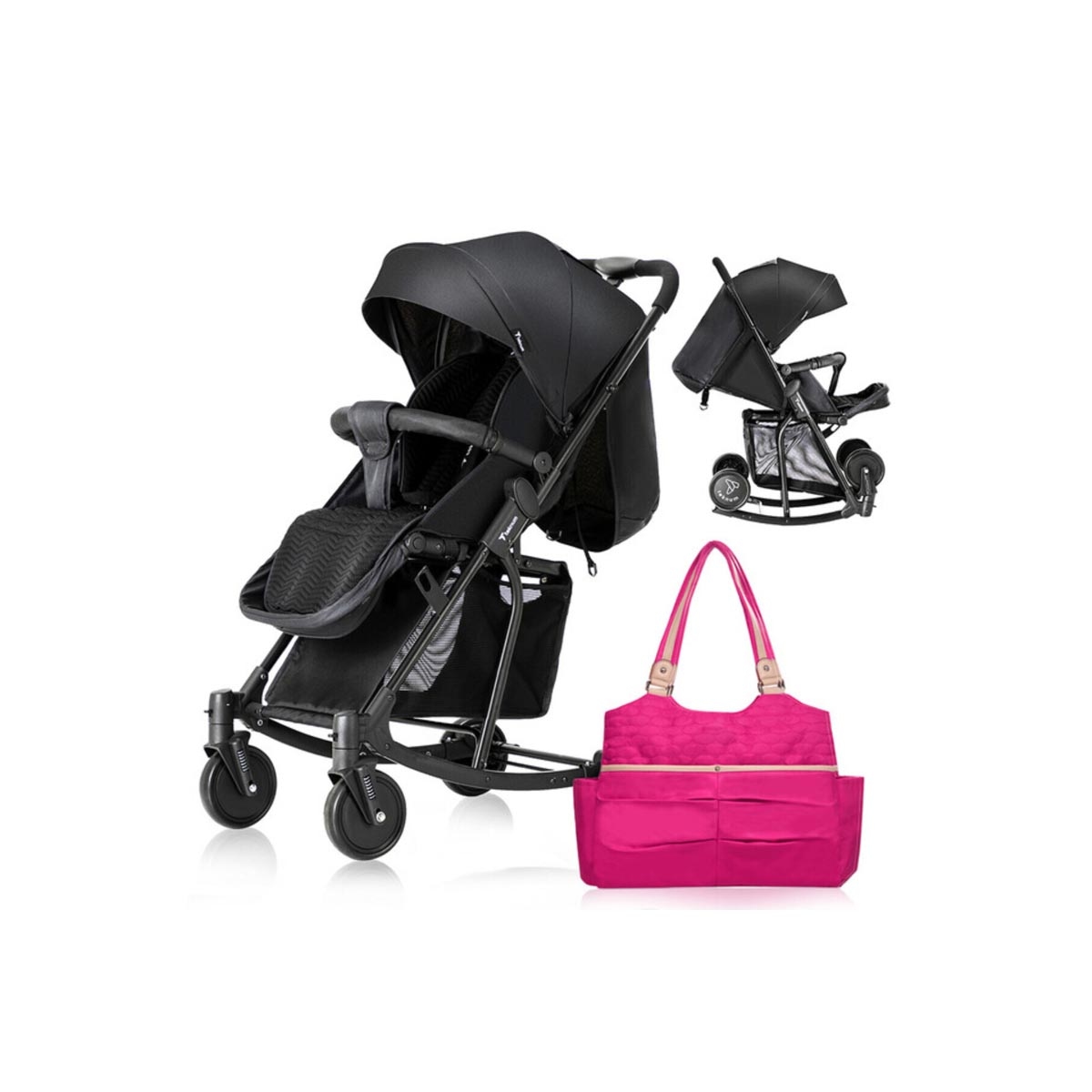 عربة أطفال تيكنوم سوداء مع كرسي هزاز وحقيبة حمل حفاضات وردية أنيقة للأطفال الصغار، من عمر 0 إلى سنتين