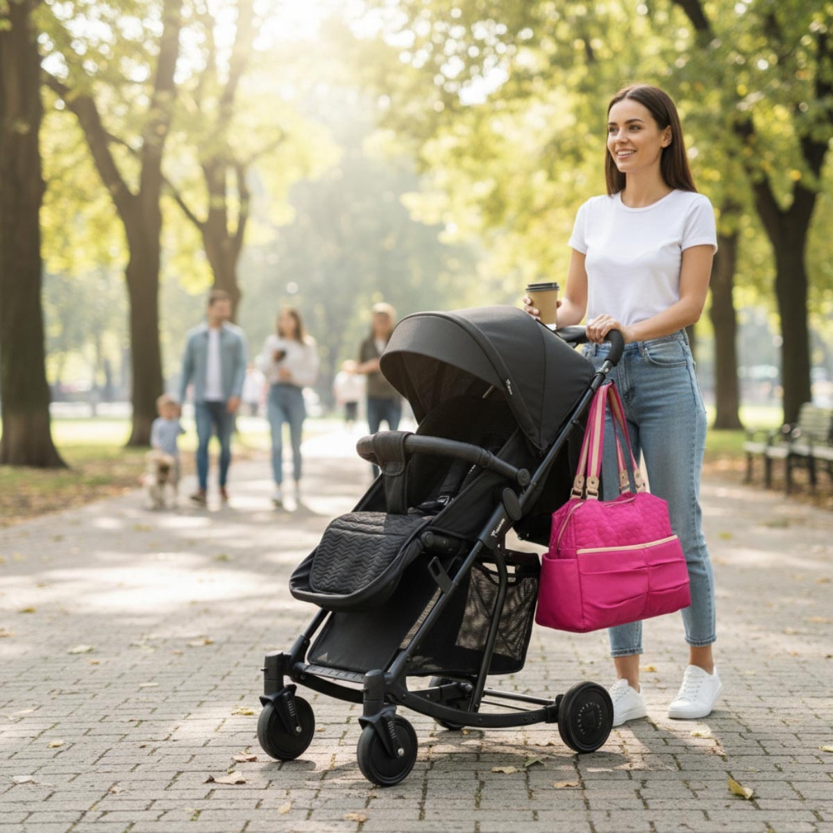عربة أطفال تيكنوم سوداء مع كرسي هزاز وحقيبة حمل حفاضات وردية أنيقة للأطفال الصغار، من عمر 0 إلى سنتين