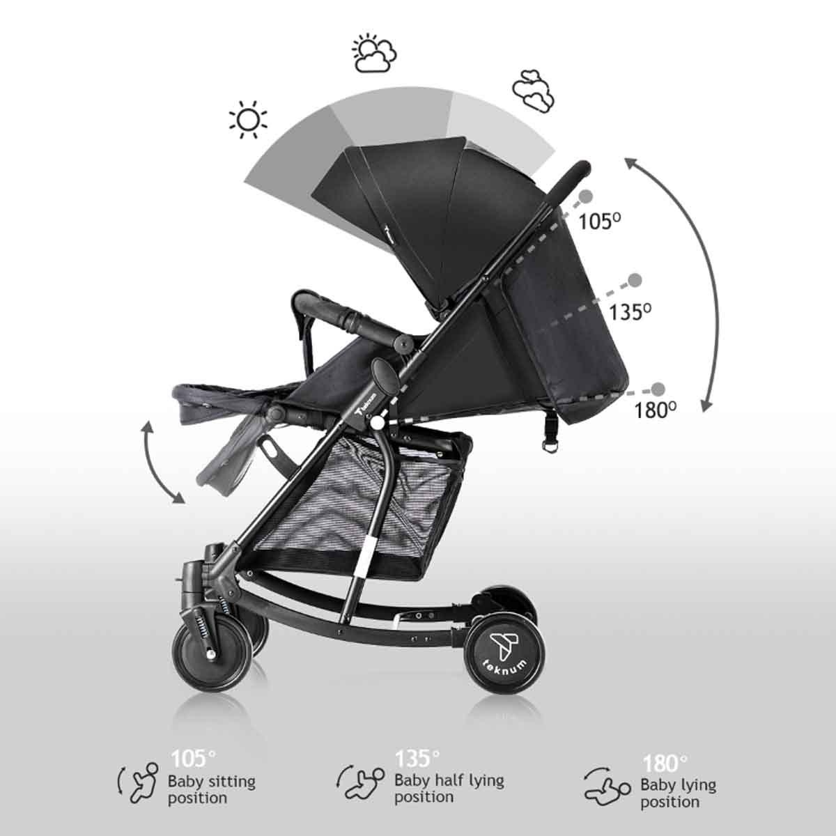 عربة أطفال تيكنوم سوداء مع كرسي هزاز وحقيبة حمل حفاضات وردية أنيقة للأطفال الصغار، من عمر 0 إلى سنتين