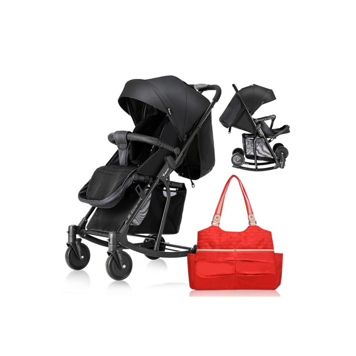 عربة أطفال تيكنوم سوداء مع كرسي هزاز وحقيبة حمل حفاضات حمراء أنيقة للأطفال الصغار، من عمر 0 إلى سنتين