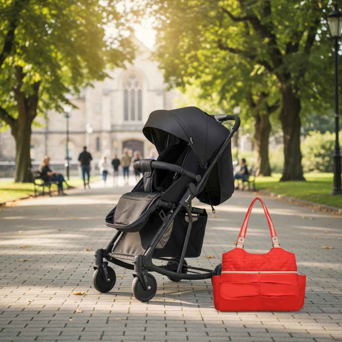 عربة أطفال تيكنوم سوداء مع كرسي هزاز وحقيبة حمل حفاضات حمراء أنيقة للأطفال الصغار، من عمر 0 إلى سنتين