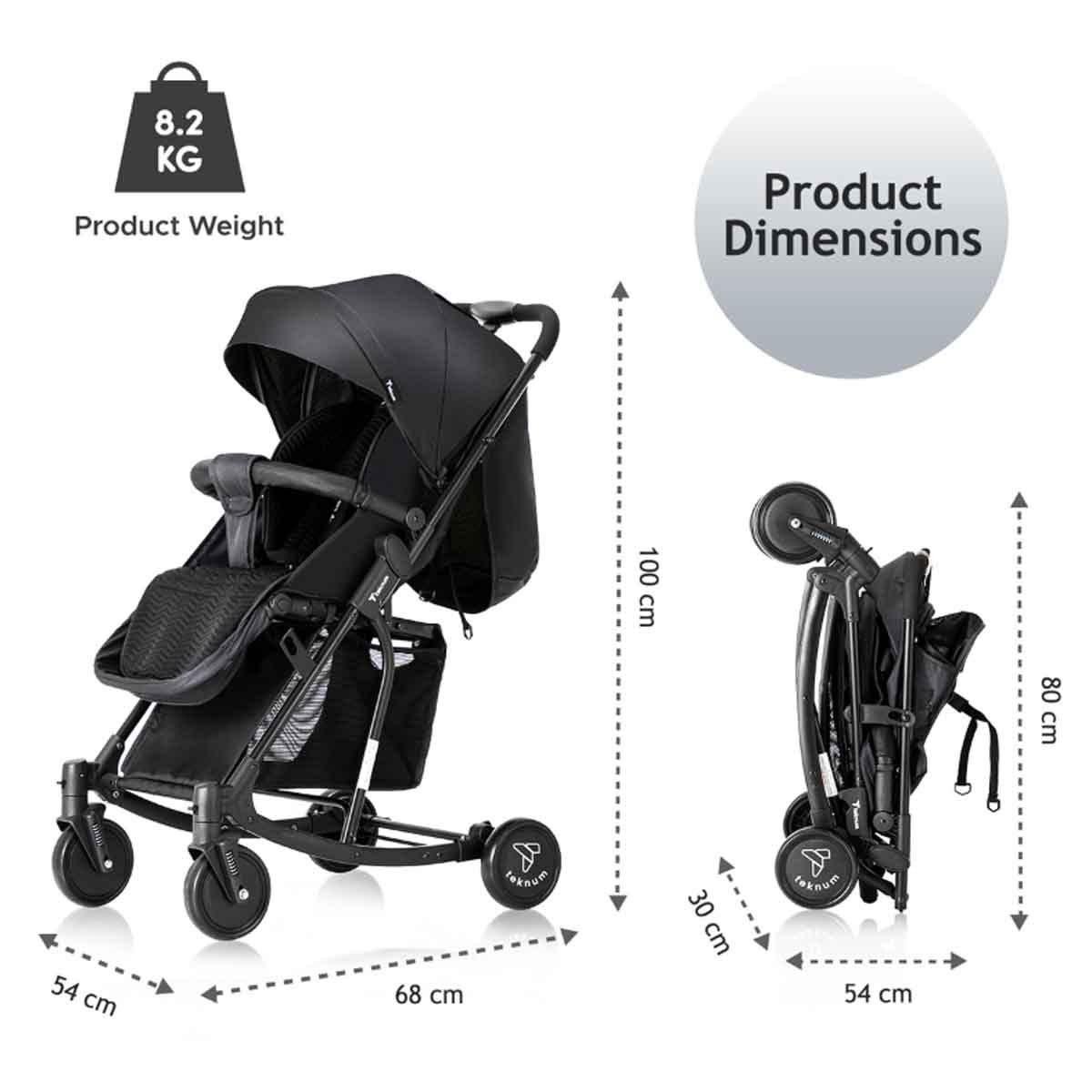 عربة أطفال تيكنوم سوداء مع كرسي هزاز وحقيبة حمل حفاضات حمراء أنيقة للأطفال الصغار، من عمر 0 إلى سنتين