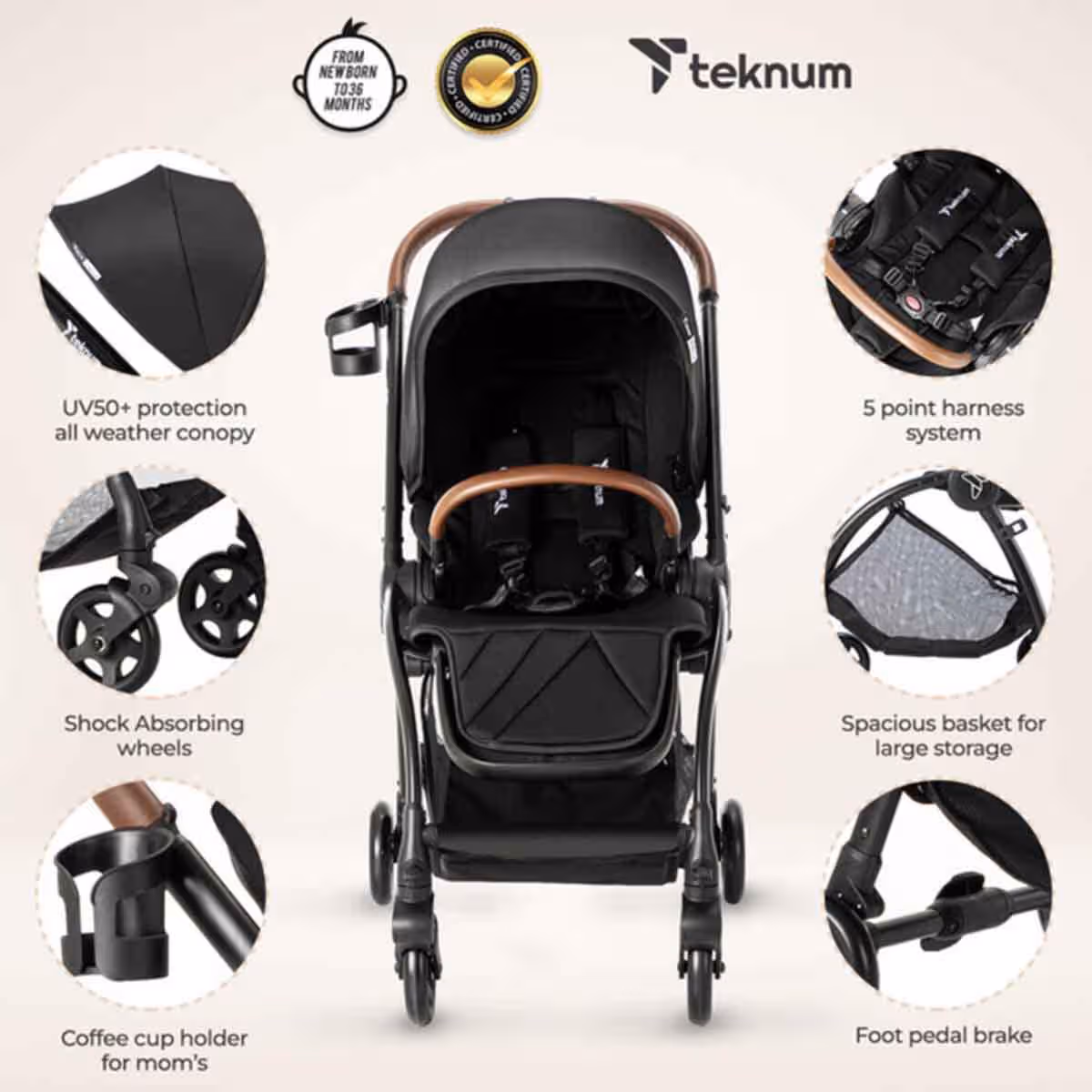 Teknum Black Travel Stroll 2 Stroller Toddler, 0-2 Years