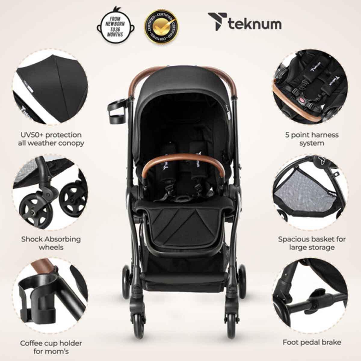 عربة أطفال تيكنوم السوداء للسفر سترول 2، للأطفال من عمر 0-2 سنوات